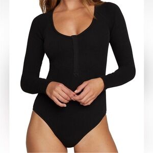 Good American Size Large Black Scoop Neck The Feel Good Henley Bodysuit